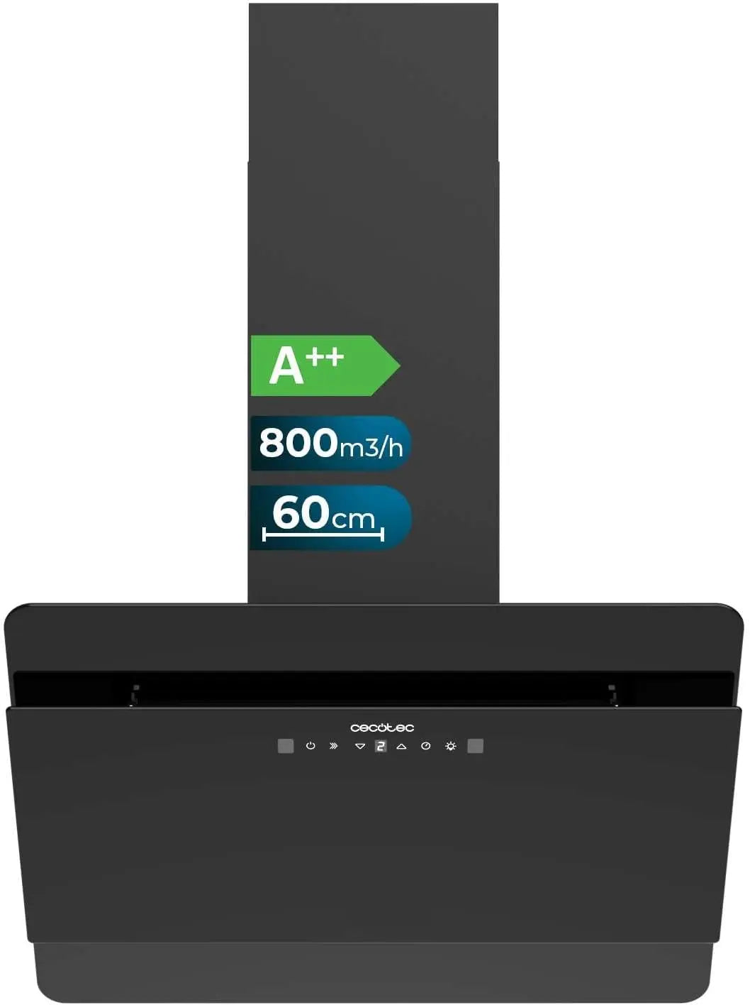 Campana extractora Cecotec Decorativa 60cm - Bolero Flux DT 608000 cristal negro A++. Motor 210W, Bajo Consumo, Succión 800m3/h, Control Táctil