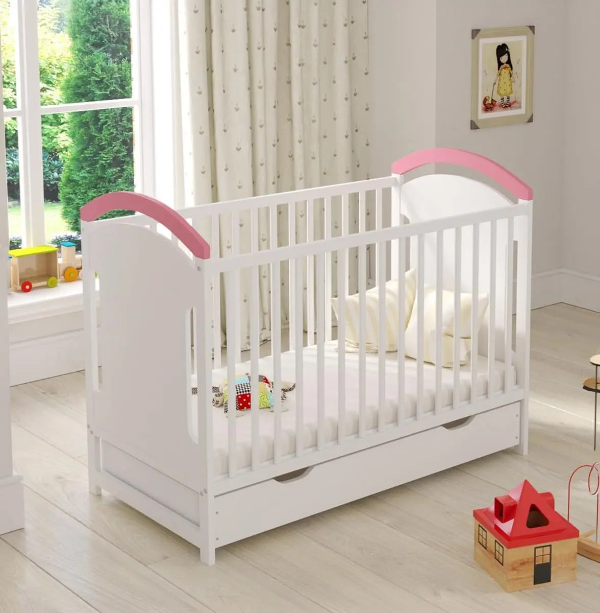 Cuna Love For Sleep Convertible en Cama 120x60 cm Rosa AMIE, de Madera con Barrera y Protectores de Dentición,-Cama para Bebé, rosa