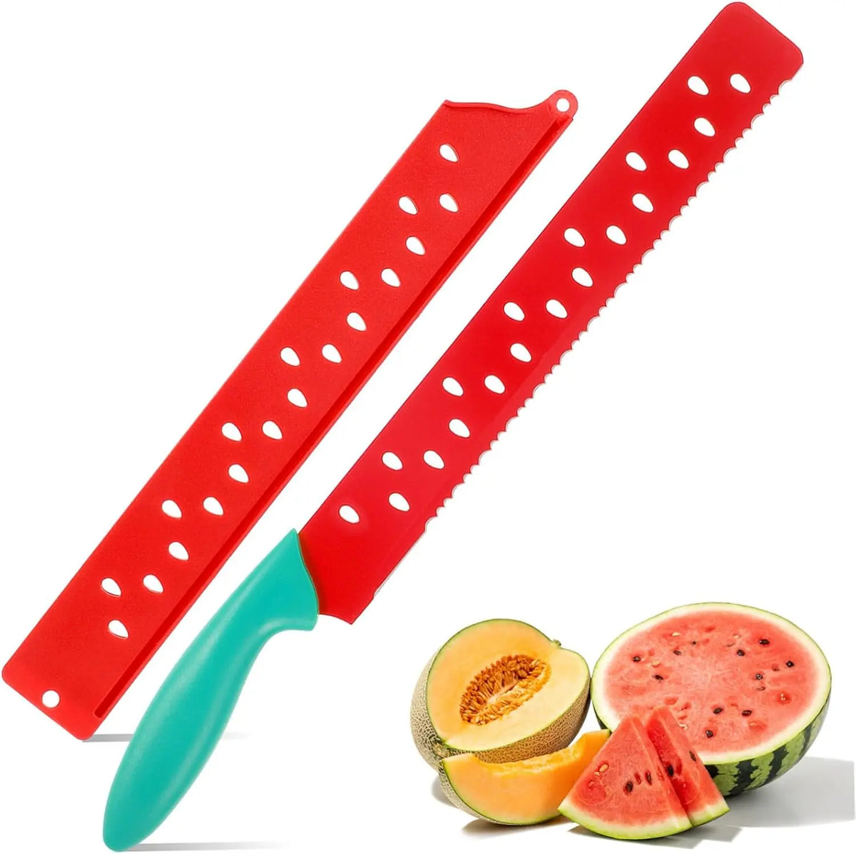 ABOOFAN Cortador de Sandía y Melón con Hoja Dentada Larga de Acero Inoxidable, rojo