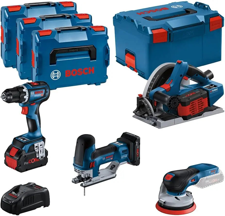 Sierra eléctrica Bosch Professional sistema de 18 V GSR 18V-90 C + GKT 18V-52 GC + GST 18V-155 SC+ GEX 18V-125, azul