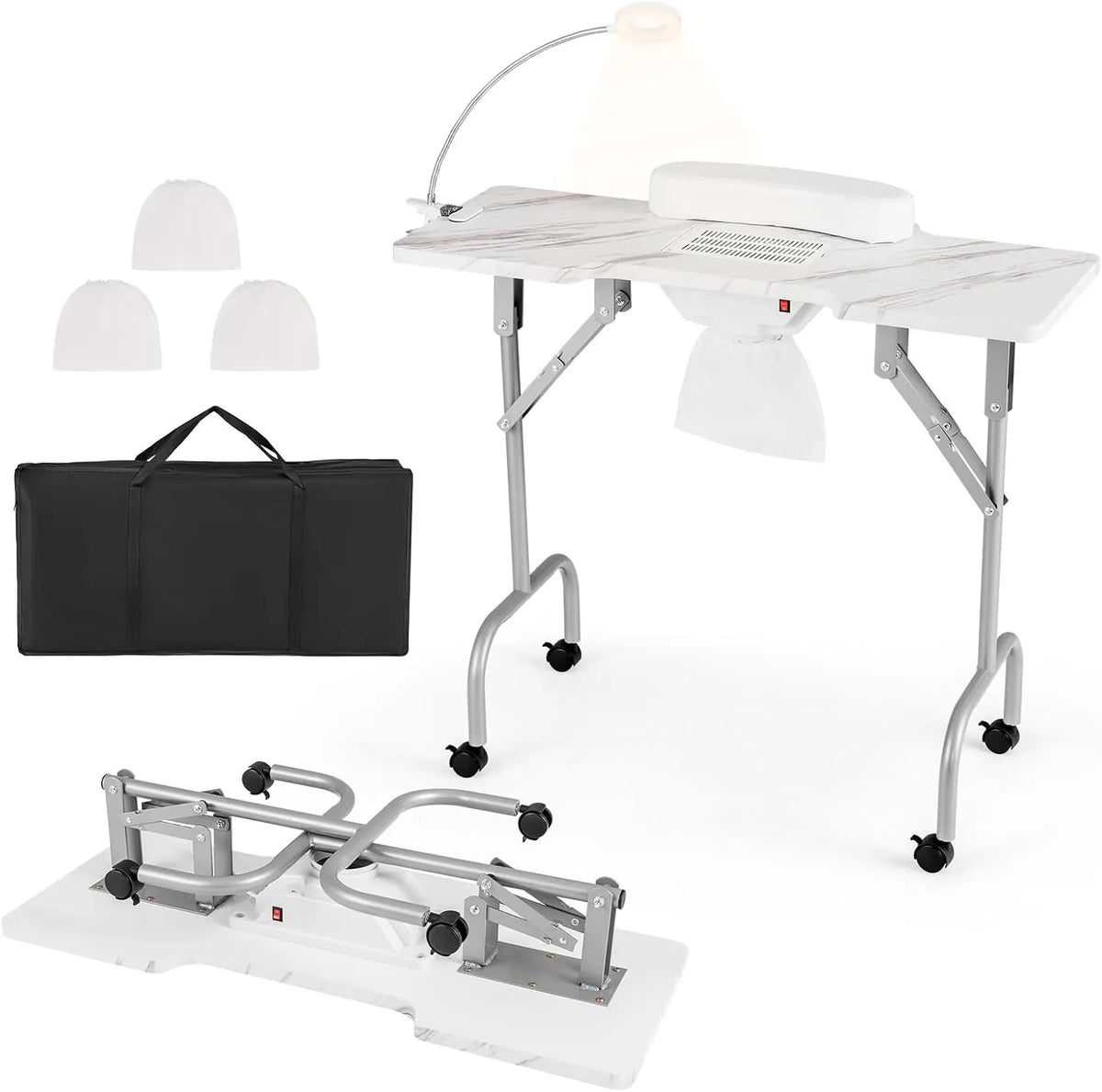 COSTWAY Mesa de Manicura Plegable con Lámpara LED Flexible (Blanco)