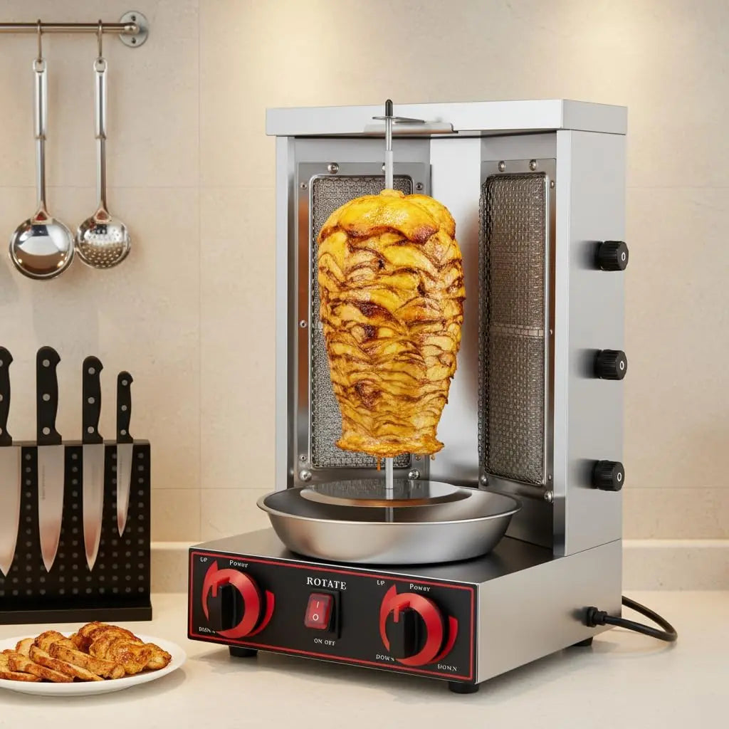 Barbacoa SanBouSi Dönergrill, acero inoxidable, döner, máquina de kebab, dönergrill, parrilla de mesa, barbacoa, parrilla, döner vertical, amarillo