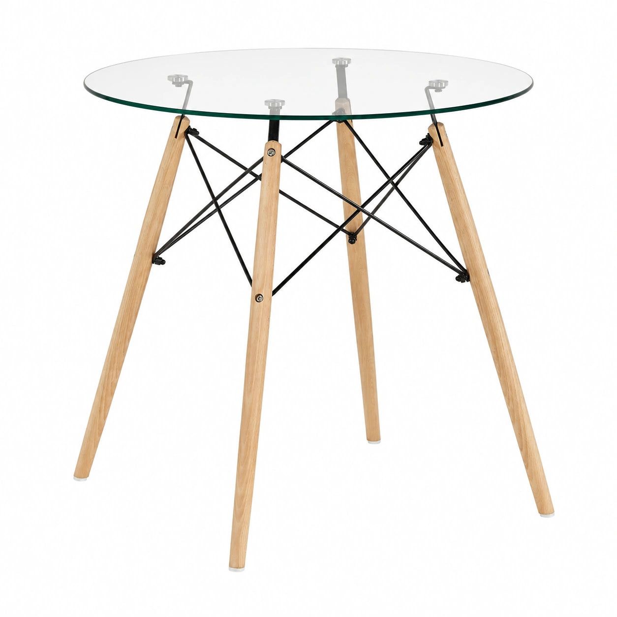 Tavolo Rotondo in Vetro con Gambe in Faggio 80x75 cm, Stile Scandinavo