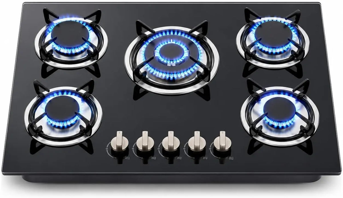 Cocina de gas Chensyo de 5 fuegos, de cristal, empotrada, con protección automática de fallo de llama, placa de gas natural y gas propano, negro