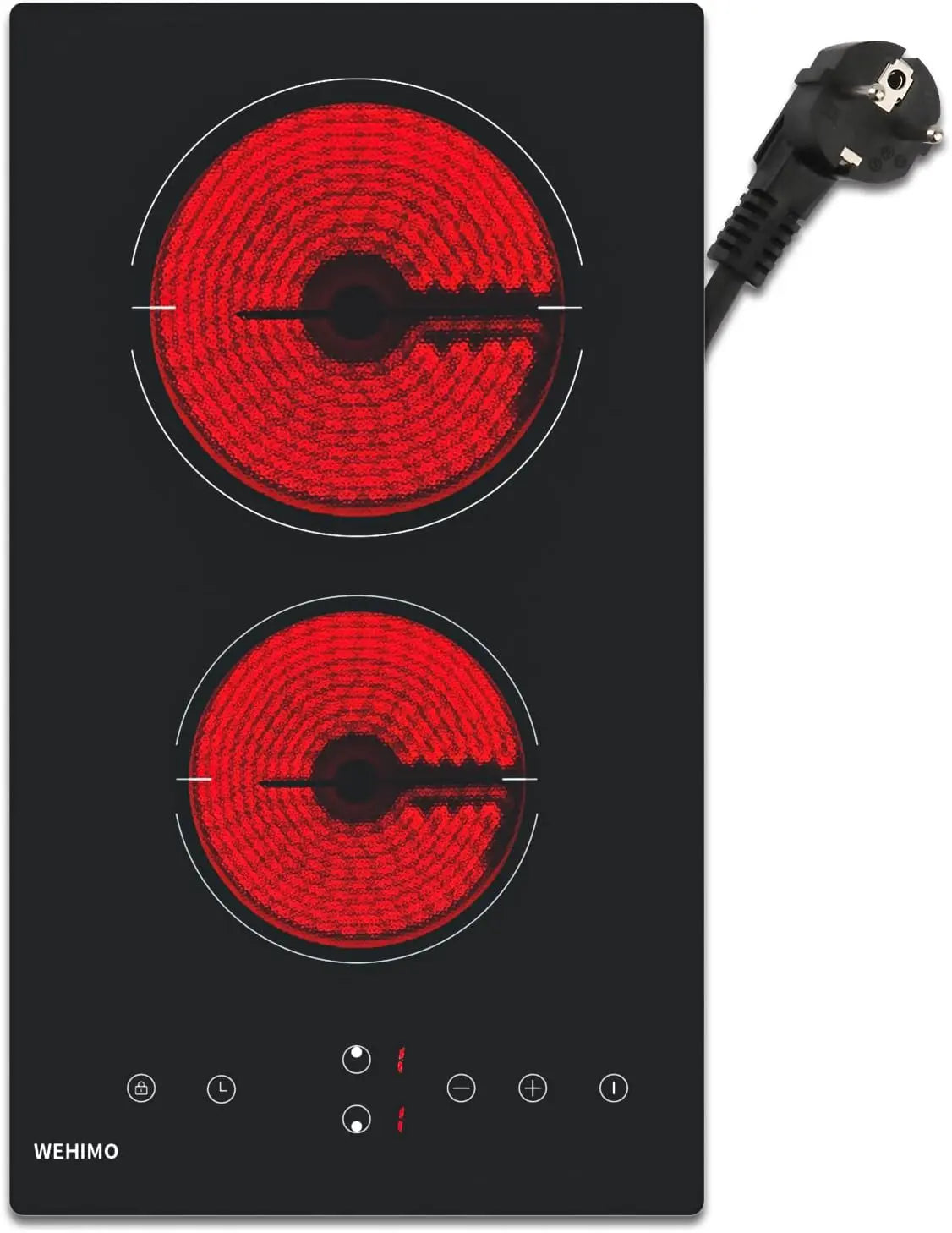 Placa de cocina WEHIMO Placa Vitroceramica 2 Zonas, 3000W (1800W+1200W), 9 Niveles de Calor, Control Táctil, Seguridad Infantil, negro