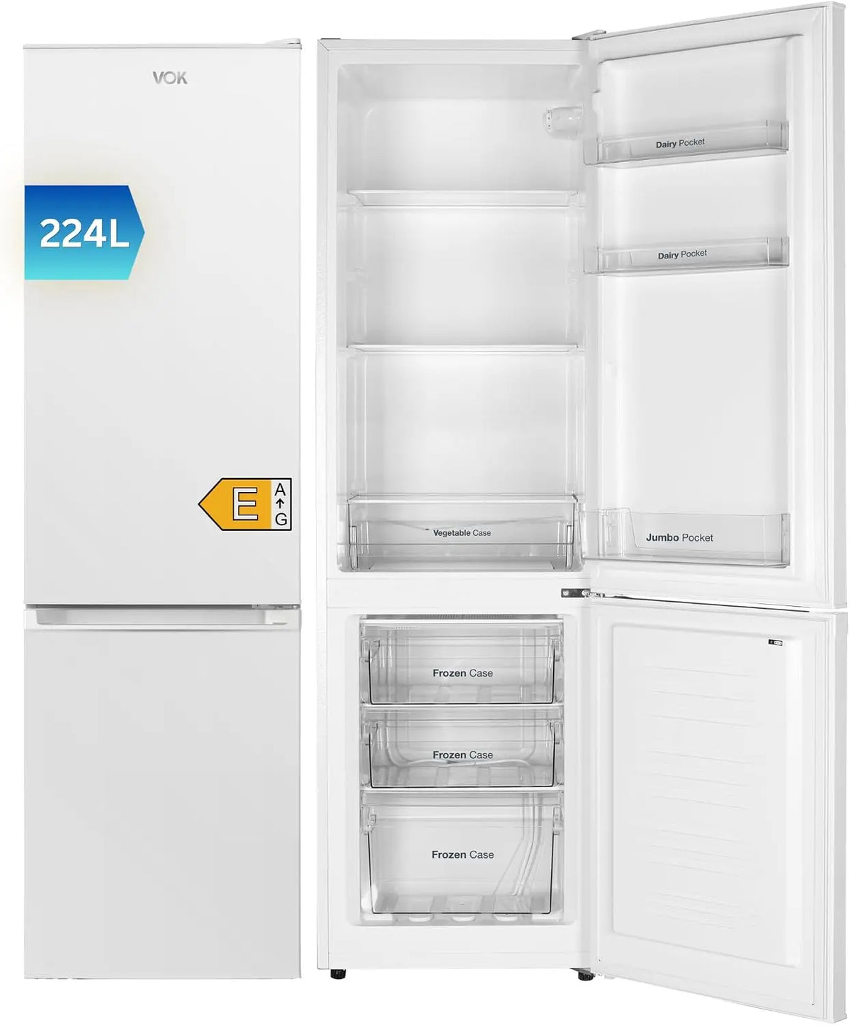 Frigorífico VOK Combi EVR-224DEW 224L, 170 cm Alto x 54.5 cm Ancho, Puerta Reversible, Bajo Nivel Sonoro 39 dB, Clase E, Cajón Verdulero, Blanco