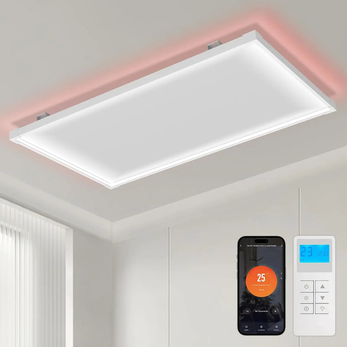 Panel calefactor Peviasot Calefacción por infrarrojos 770 W, luz LED de techo, wifi/app, gris