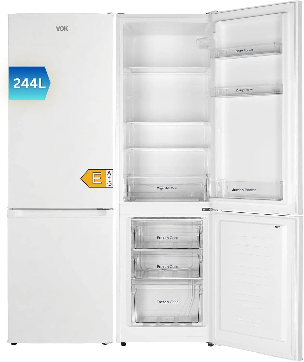 Frigorífico VOK Combi 244L Blanco, 180 cm Alto, 54,5 cm Ancho, Silencioso, Clase E, Puertas Reversibles, Congelador 3 Cajones, blanco