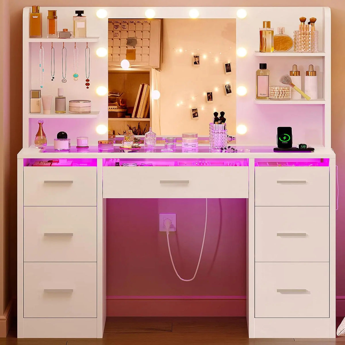 Tocador TEENFON de Maquillaje con Luces LED Regulables y enchufes, Mesa de Maquillaje con Espejo, 4 estantes Abiertos y 5 Ganchos para Joyas, blanco