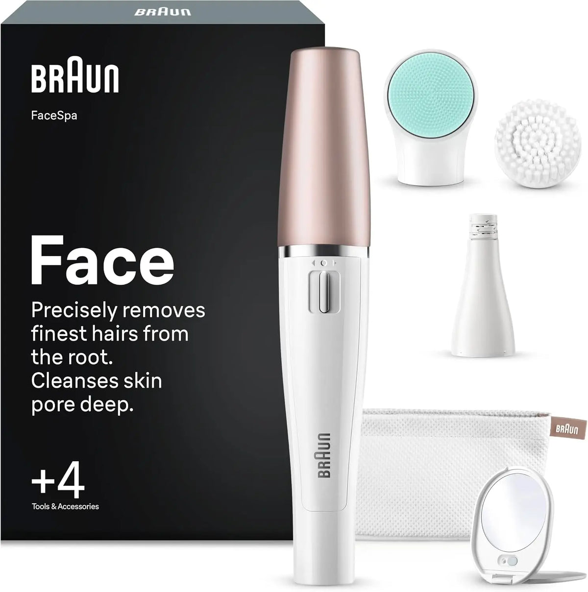 Depiladora Braun Facial Mujer FaceSpa con 4 Accesorios, 851V, Blanco/Bronce