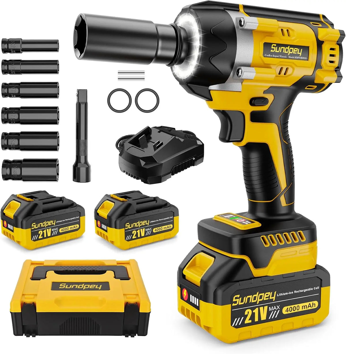 Atornillador Sundpey Pistola de Impacto Bateria 700Nm, 1/2' sin escobillas Atornillador de Impacto con 2 Baterías de 4,0 Ah, 6 Enchufes, amarillo
