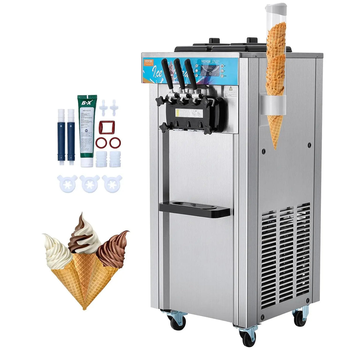Heladera VEVOR Máquina de Helados Comercial 21-31 L/h 1500 W 3 Sabores Máquina para Hacer Helados 2 Tolvas de 5,5 L Independiente, gris