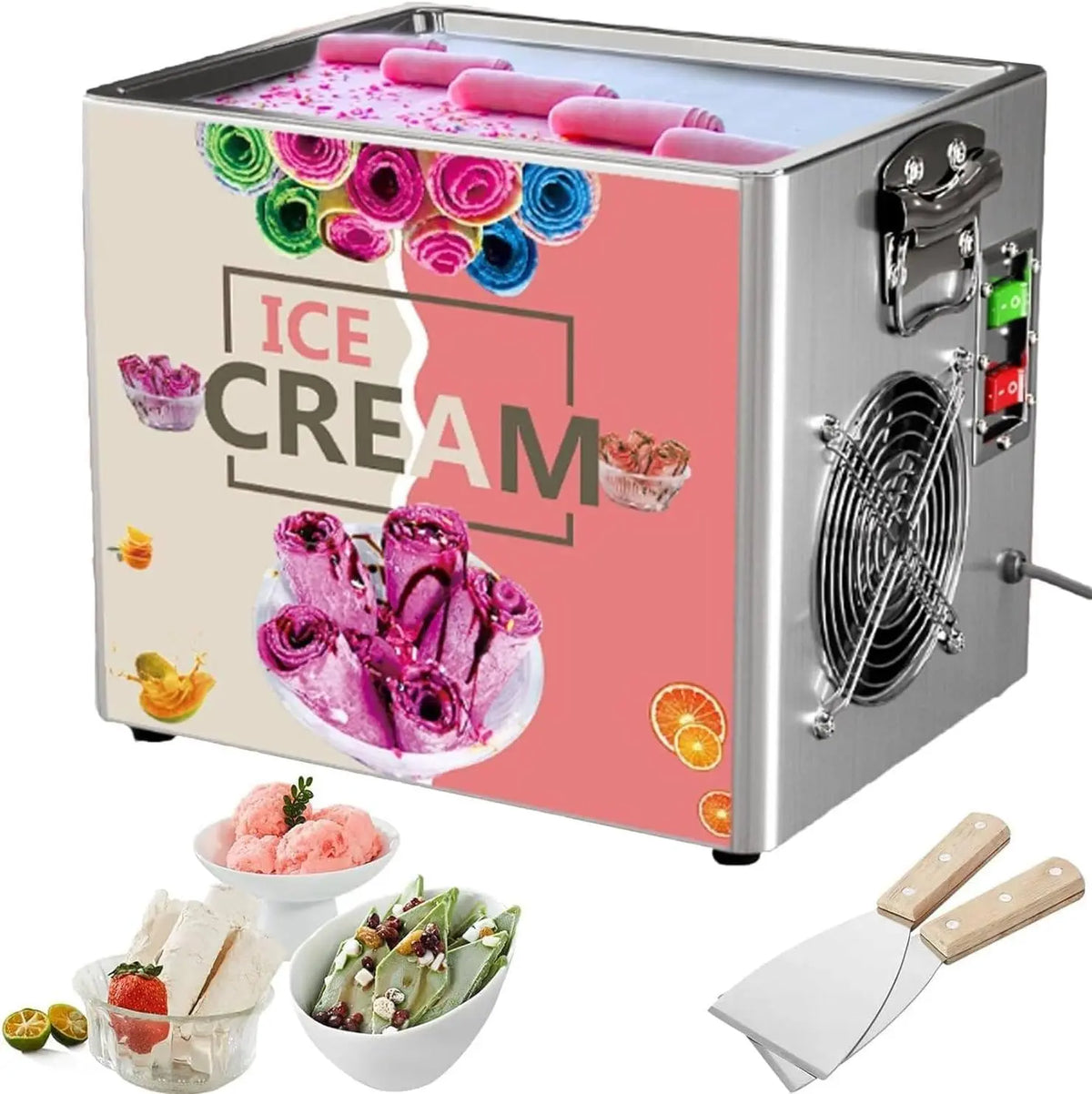 Heladera FJYAWEN Máquina Para Hacer Helado Enrollado Con Compresor De 330 W, 2 Espátulas Y Placa Refrigerante De 30 X 24 Cm; Enfriamiento Rápido