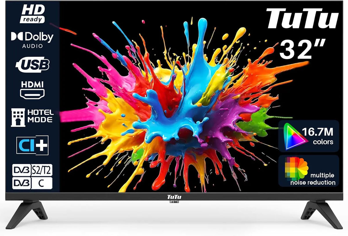 Televisor TuTu TV 32 Pulgadas LED HD Sin Marco Televisor con Sintonizador Digital DVB-T/T2-C-S/S2, HDMI, USB Grabador Reproductor, negro