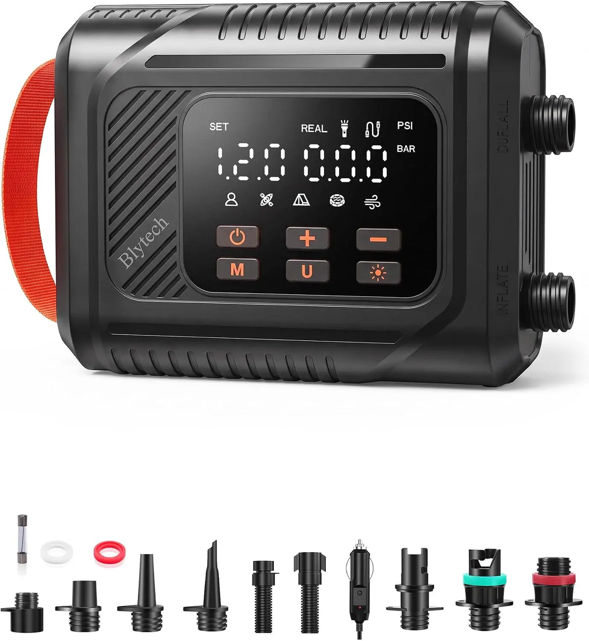 Ordenador Blytech Bomba eléctrica portátil para tabla de remo, bomba de aire SUP de alta presión de 20 PSI con conector de coche de 12 V CC, negro