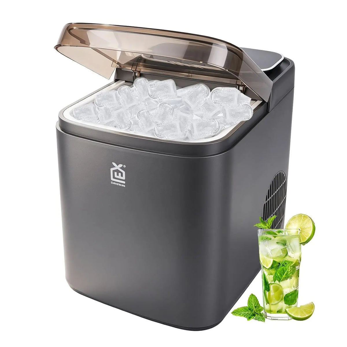 Máquina de hielo EXTRASTAR para Encimera, Producción de 12 kg/24 h, hielo listo en 6-12 min, 2 tamaños de cubos, panel digital, negro