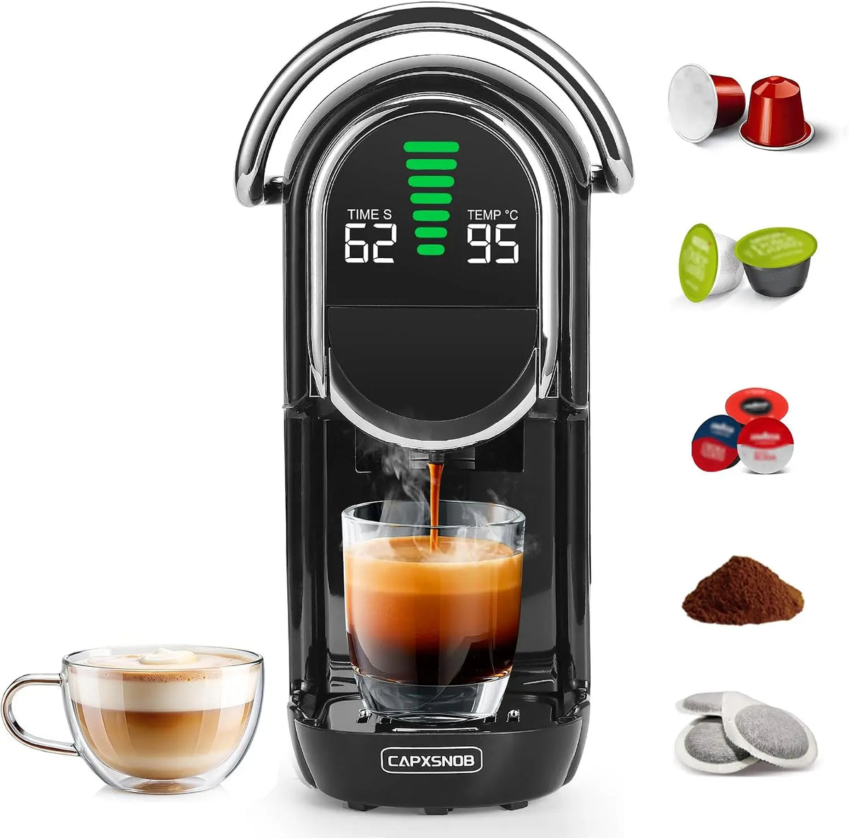 Cafetera CAPXSNOB Magician1 Mini 5en1 Cafetera Cápsulas para Nespresso Original, Dolce Gusto, Lavazza A Modo Mio, ESE 44 y Café Molido, negro