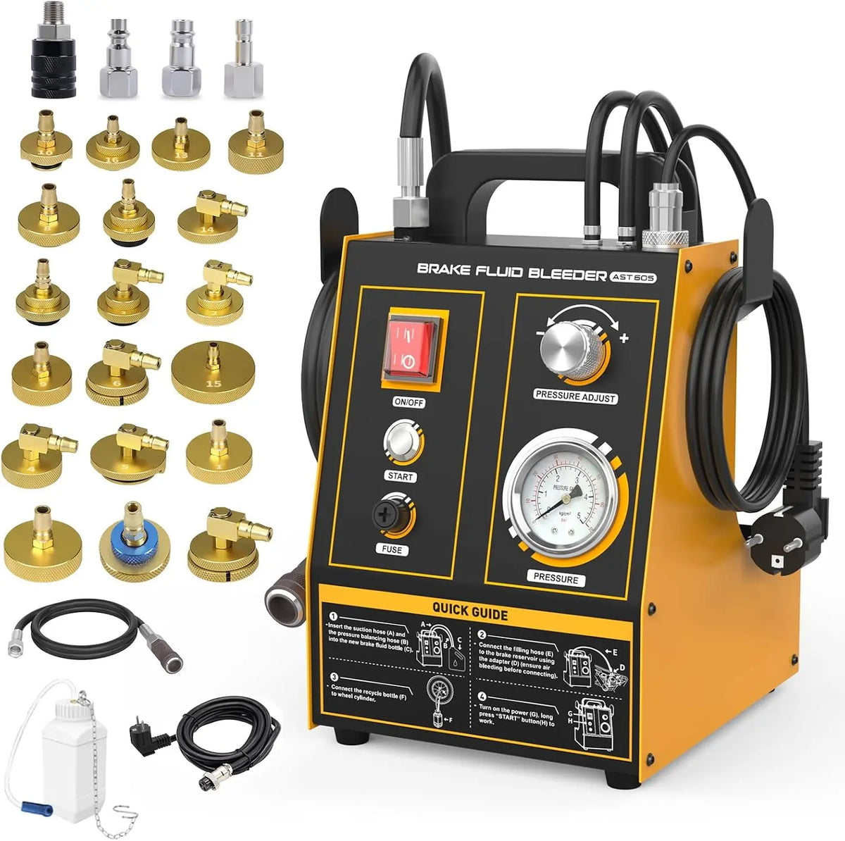LUTIFIX AST605 - Purgador de frenos para coche, 220 V, automático, con 20 adaptadores, 0,7 ~ 2,5 bar, presión ajustable, amarillo