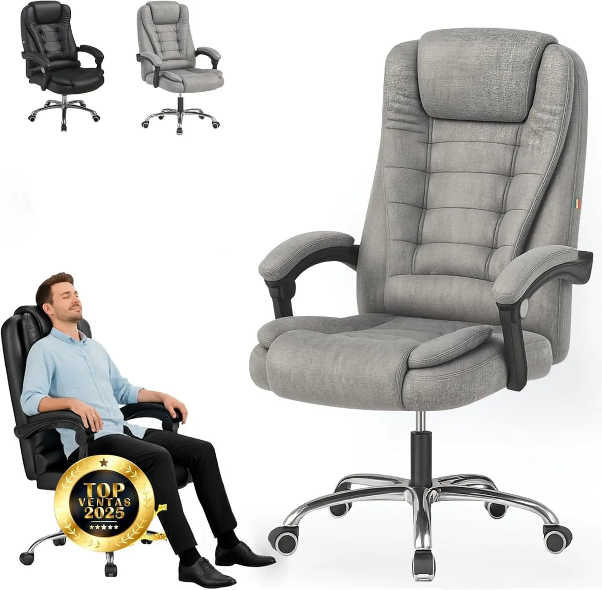 Silla de oficina EveryKip Profesional con Respaldo Alto 360° - Sillón Acolchado y Reclinable Cojín Lumbar, gris