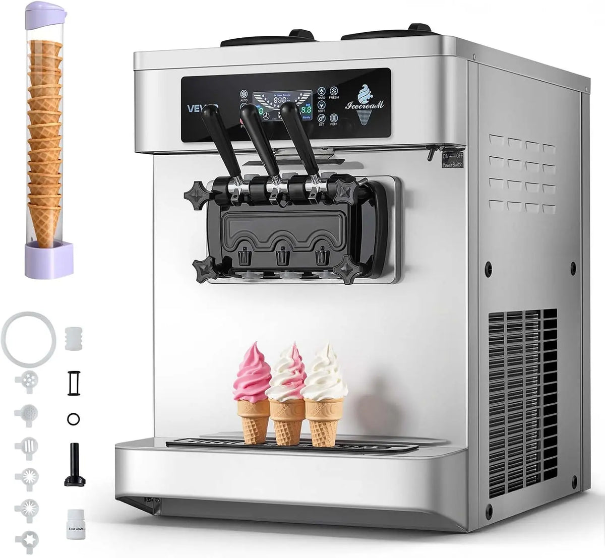 Heladera VEVOR Máquina de Helados Comercial 3 Sabores 1800 W Caudal de 20-28 L/h, Máquina para Hacer Helados con 2 Tolvas de 6 L Sobremesa, gris