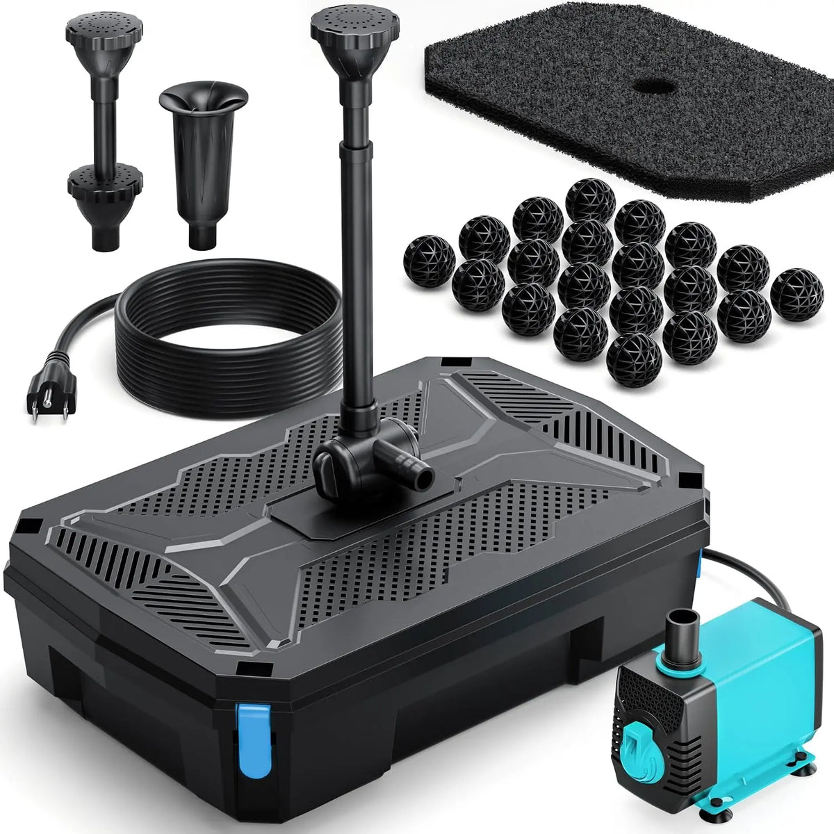 POPOSOAP Kit de fuente de filtro para estanques con clarificador UV, bomba de estanque de 660 GPH/40 W y kit de filtro para estanques al aire, negro