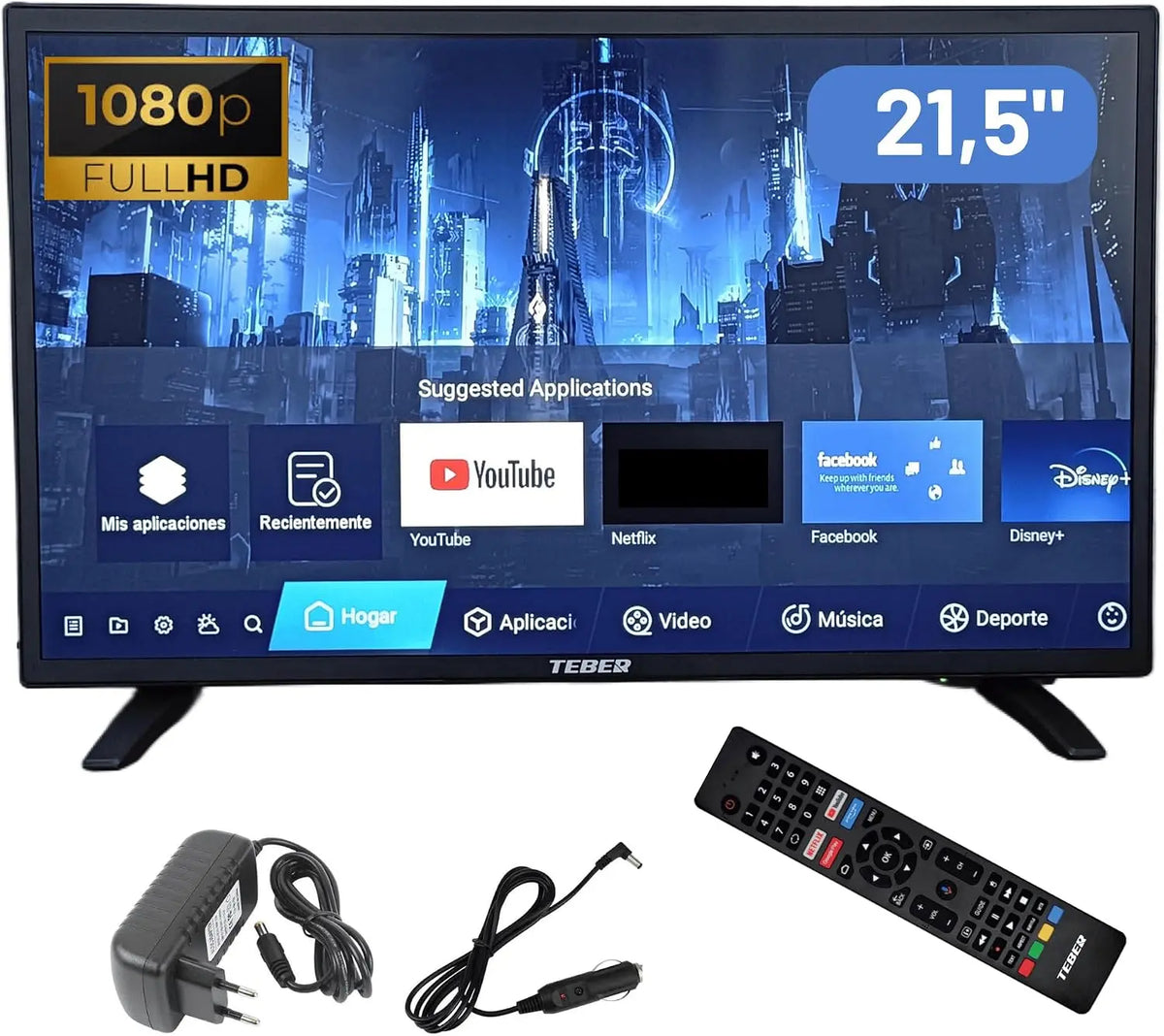 Televisor TEBER inteligente de 22 Pulgadas. con Adaptador de 12v y 230v. Android. Full HD. DVB-S2/C/T2/T. para autocaravanas, Campers
