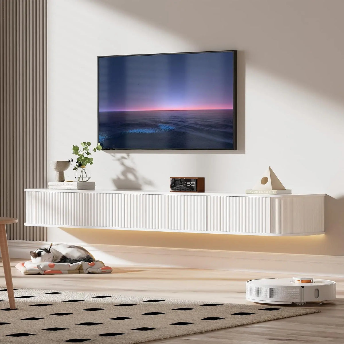 Mueble de tv PURFINO Flotante con Luz LED, Montado en Pared de 160CM con Almacenamiento Mejorado y Bordes Redondeados, blanco