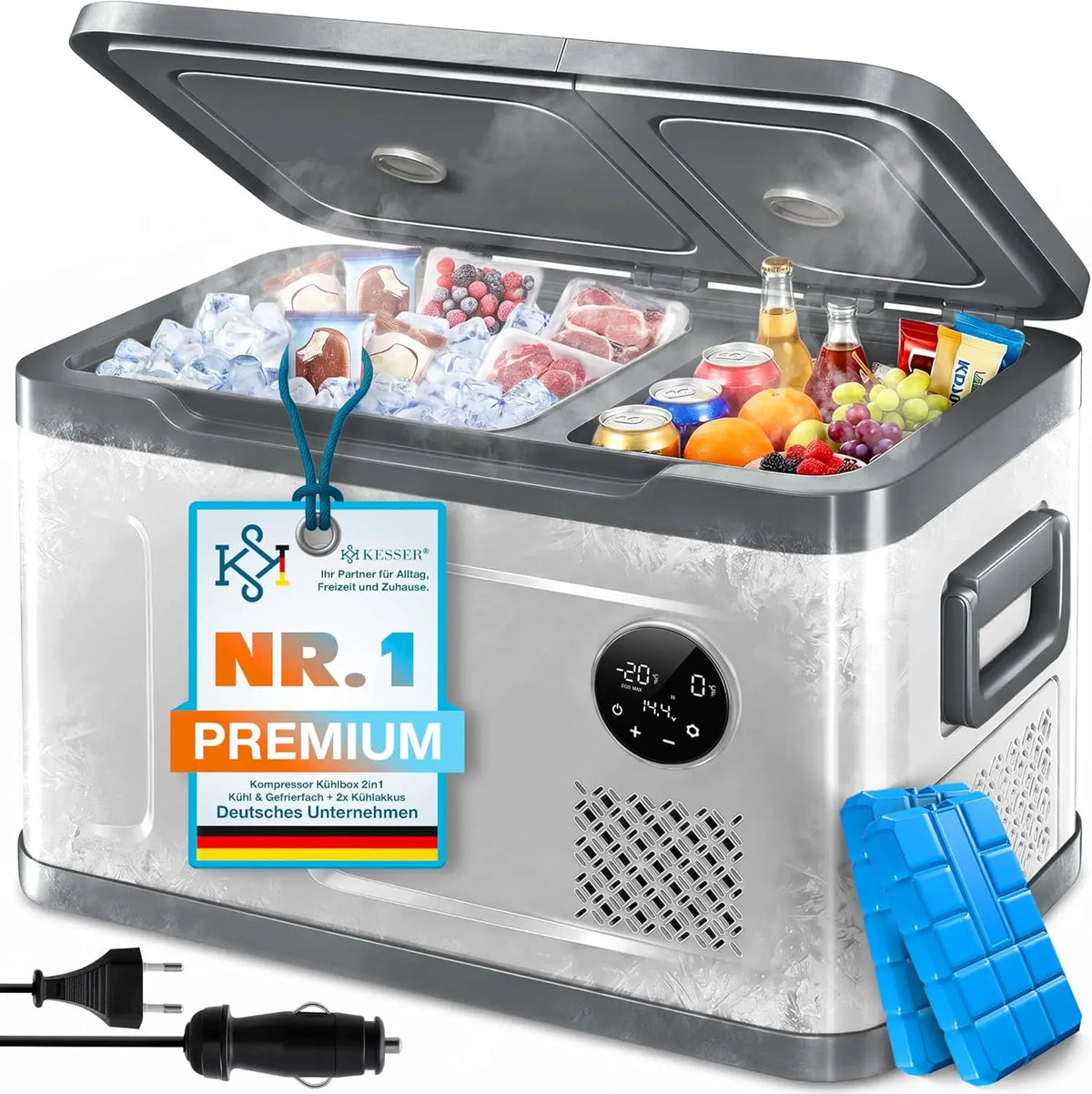 Frigorífico KESSER Nevera eléctrica de compresor 2 en 1, congelador eléctrico de 40 litros, control táctil LED, 12/24V y 230V, gris