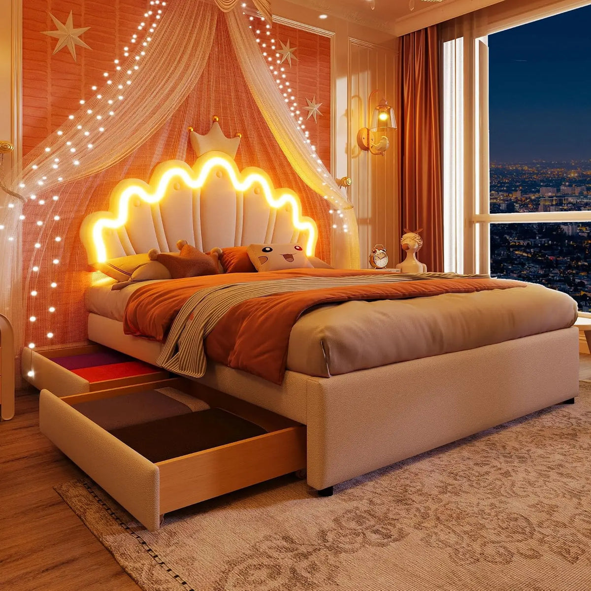 Colchón LAKFEW Cama 140x200 cm Camas Matrimoniales con LED y 2 Cajones, Camas Juveniles Cama Matrimonial para Niña con Cabecero Ajustable, blanco