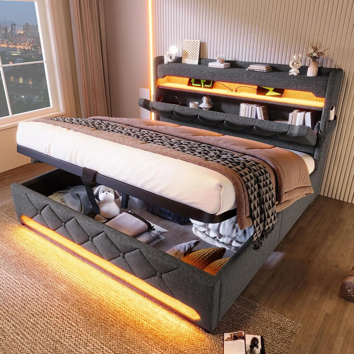 Cama Oxtao tapizada de 160 x 200 cm, cama doble, cabecero de almacenamiento con conexiones USB y tipo C, naranja