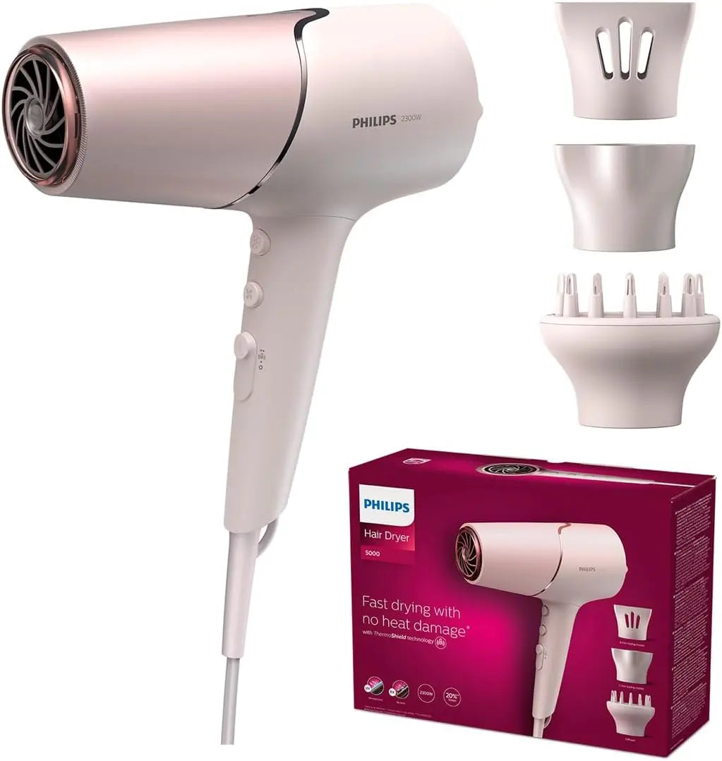 Secador de pelo Philips Serie 5000, 2300w, con Tecnología ThermoShield, Boquilla UltraEstrecha, Boquilla Estrecha y Disfusor, BHD530/20, blanco/rosa