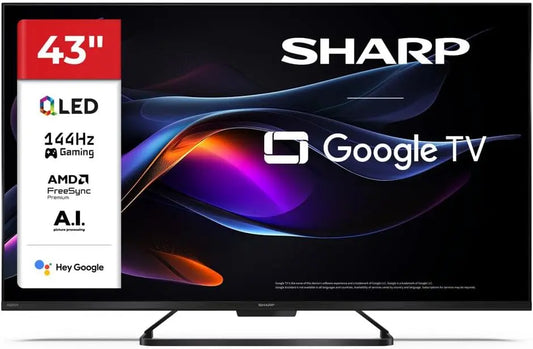 Televisor Sharp TV de 43', QLED 4K Ultra HD 144 Hz, Google TV, Modelo 43HR7365E, negro