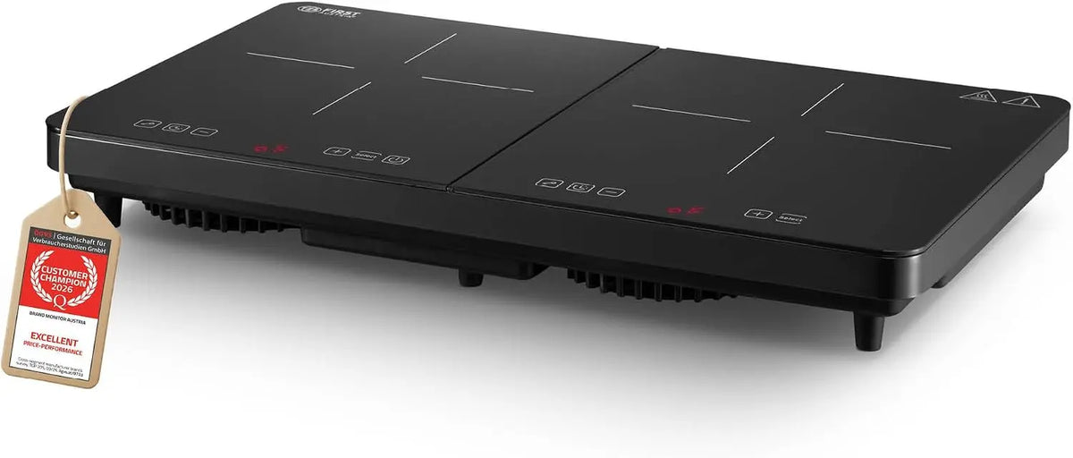 Placa de cocina TZS First Austria Placa de inducción doble 3500W - 2 fuegos vitrocerámicos - 10 niveles de potencia, bloqueo infantil, negro