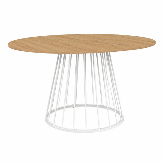 Tavolo da Pranzo Rotondo Allungabile YUNA per 4-8 Persone con Design Moderno, Piano in Legno e Base in Metallo Bianco 110-150 cm