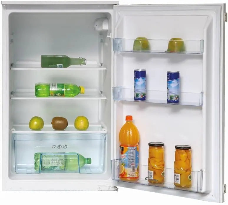 Frigorífico Candy CMLS59EW, empotrable, puerta de arrastre, una puerta, nicho de 88 cm, 135 litros, 1 cajón de verduras, 3 placas de cristal, gris