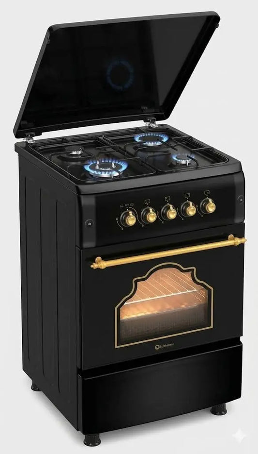 Horno SOLTHERMIC F5S40E4RB COCINA GAS CON HORNO eléctrico/NEGRA RUSTICA CON MANDOS DORADOS/ANCHO 50 CMS / 4 FUEGOS CON ENCENDIDO, negro