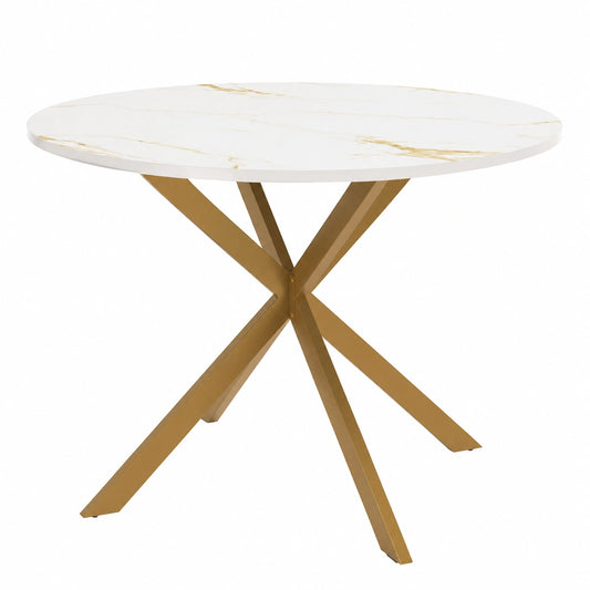Tavolo Rotondo ALIX per 6 Persone con Gamba a Ragno in Ottone e Piano Effetto Marmo Oro 110 cm