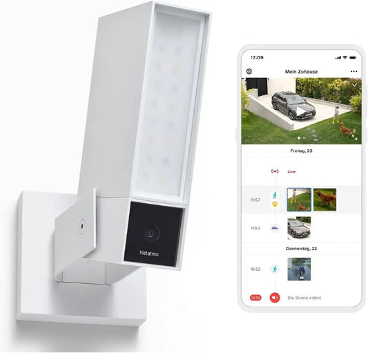 Cámara de seguridad Netatmo Cámara de vigilancia exterior inteligente con sirena de 105 dB, WiFi, iluminación integrada, blanco