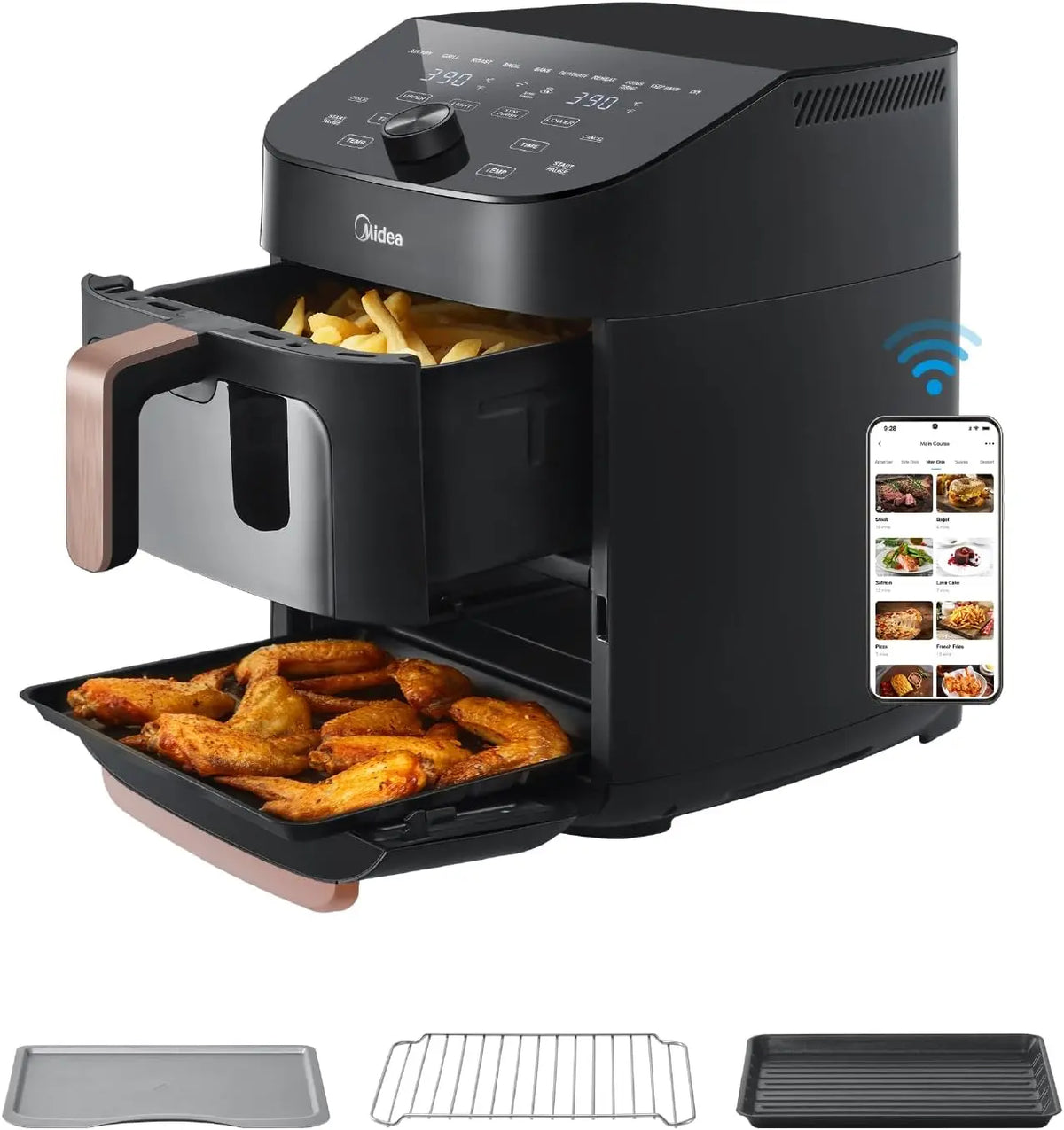 Midea Freidora vertical de aire doble zona 10 en 1 1 1 L 2400 W, negro