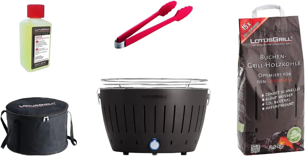 Barbacoa LotusGrill Juego de iniciación de barbacoa de carbón vegetal sin humo: 1 barbacoa con conexión USB de color gris antracita