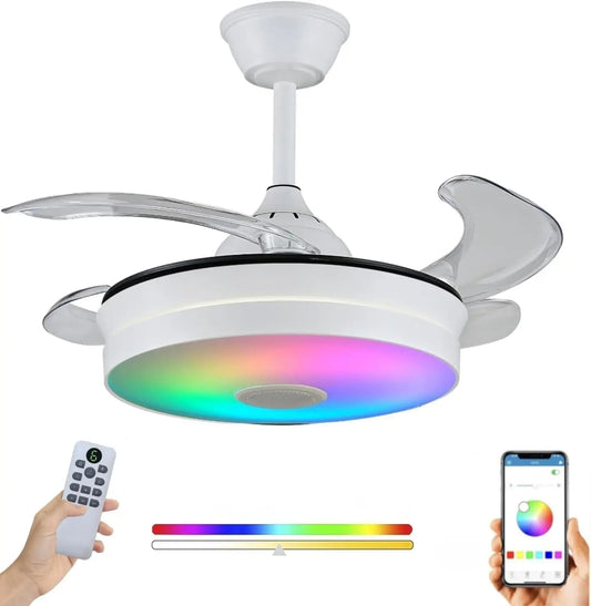 Ventilador de techo LUMIKING con Luz LED - Aspas Retráctiles, Música y RGB - Silencioso con Lámpara y Moderno con Mando a Distancia, gris