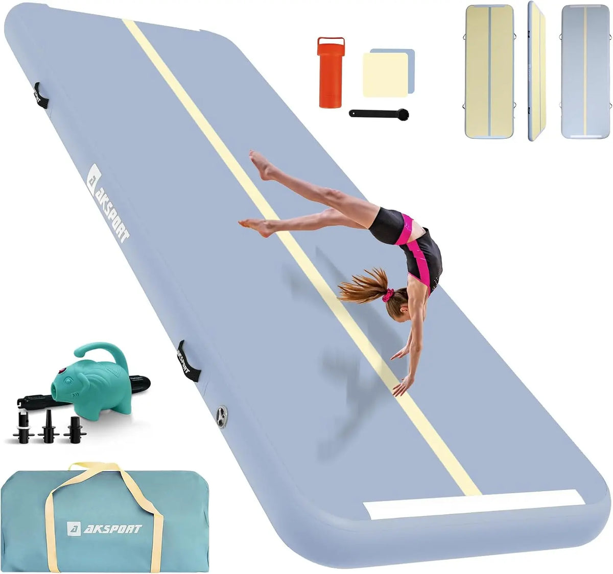 AKSPORT Esterilla hinchable de aire para tumbling, 3/4/5/6 m, esterilla de gimnasia de aire, 10/20 cm de alto, con bomba de aire para el hogar, azul