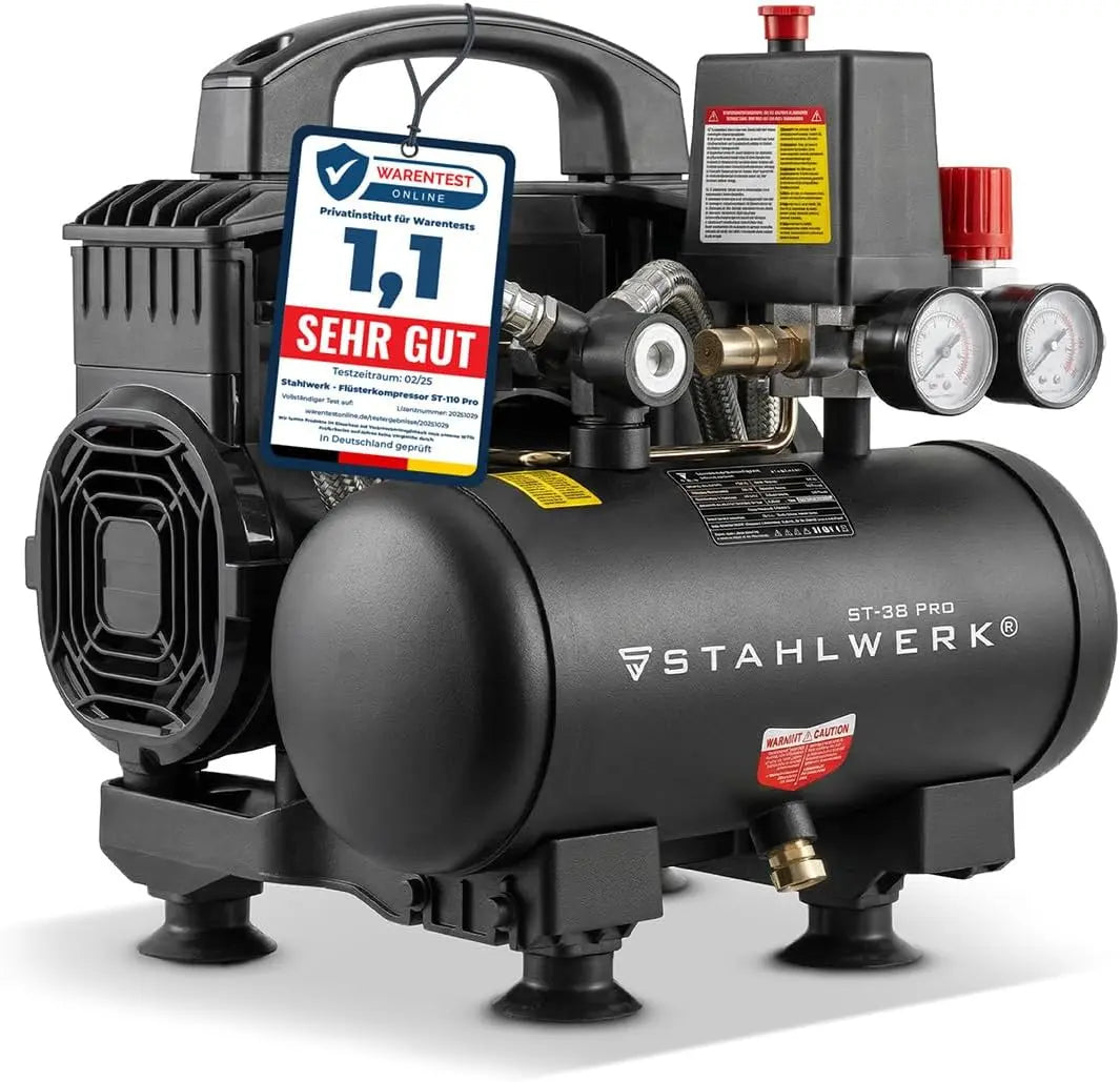 Compresor STAHLWERK con tanque de 3 L (ST-38 Pro) - sin aceite y silencioso, 8 bar, compresor de aire con motores sin escobillas, 1,60 CV, negro