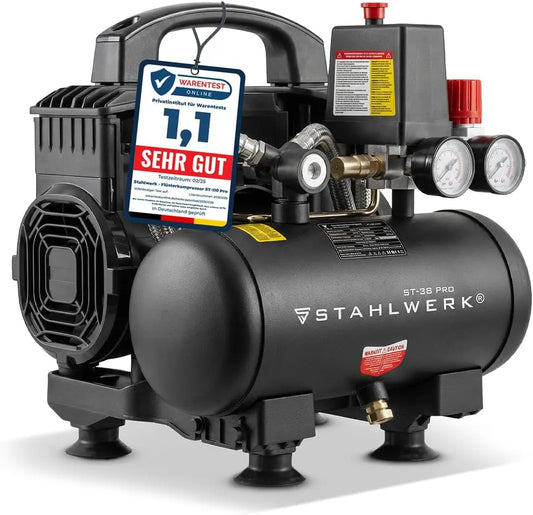 Compresor STAHLWERK con tanque de 3 L (ST-38 Pro) - sin aceite y silencioso, 8 bar, compresor de aire con motores sin escobillas, 1,60 CV, negro
