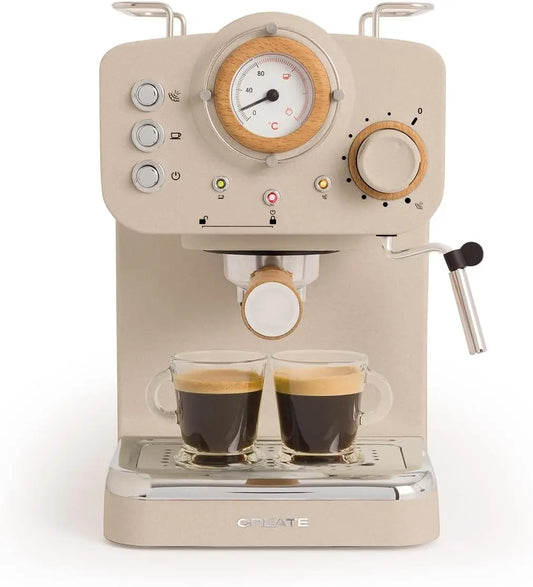 Cafetera CREATE / THERA RETRO/Cafetera Express Semiautomática arena mate y madera / 20 bares, brazo doble salida, depósito 1,25L, naranja