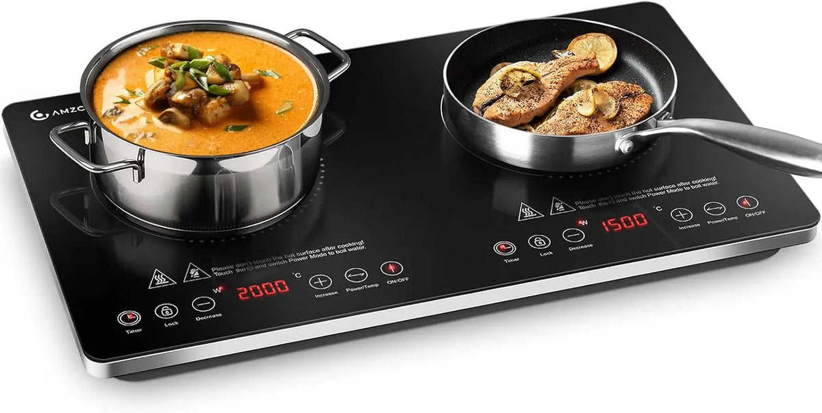 Placa de cocina AMZCHEF Placa Inducción 2 Fuegos, Placa de Inducción Portatil 3500W con Controles Independientes, IGBT Mejorado, negro