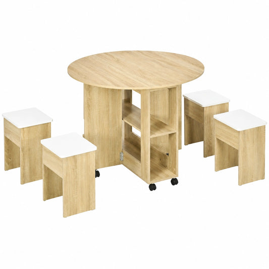Set da Pranzo 5 Pezzi con Tavolo Rotondo Pieghevole e Sgabelli Rovere