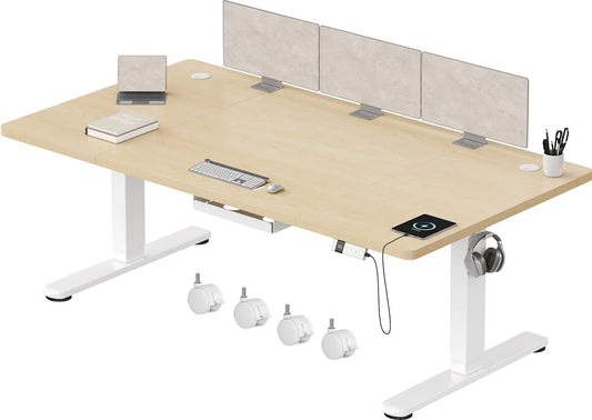 Escritorio Devoko Elevable Eléctrico 180 x 80 cm de Carga Tipo C, Escritorio Ajustable en Altura con Tablero, amarillo