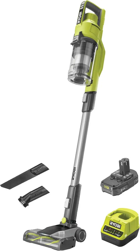 Aspiradora Ryobi de Escoba 18V One+ con Batería 2.0Ah y Cargador de 2.0A/h - Depósito 0,6l - Caudal 820l/min - Tubo Extraíble, gris