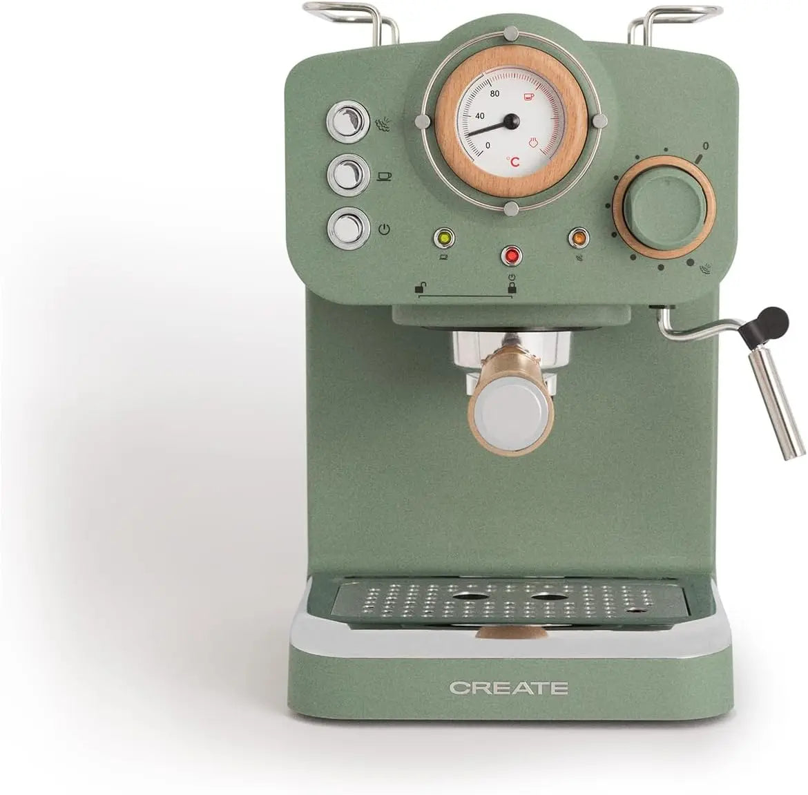 Cafetera CREATE / THERA RETRO/Cafetera Express Semiautomática verde sage mate y madera / 20 bares, brazo doble salida, depósito 1,25L, gris